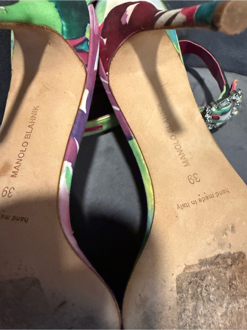 Manolo Blahnik Multicolor Satin Ankle-Strap Sandals with Pink Footbed - Picture 10 of 13